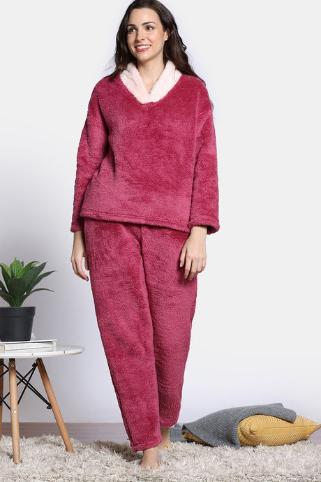 Zivame Soft Snuggles Fur Lifewear Set - Beet Red — image 2